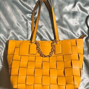 Aldo Mustard Woven Tote with Chain Detail